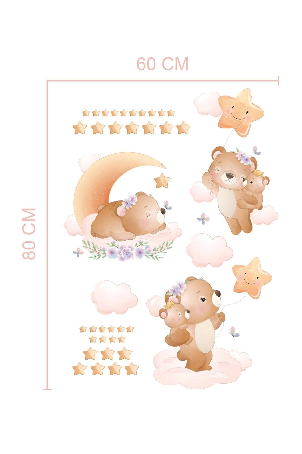 Set of 3 Teddy Bear Clouds And Stars Kids Baby Room Sticker Set Wall Adhesive Foil 80x60 Cm - Swordslife