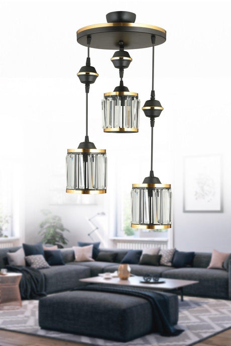 3 Pcs Black Suspension Crystal Stone Yellow Striped Cylinder Downward Facing Luxury Chandelier - Swordslife