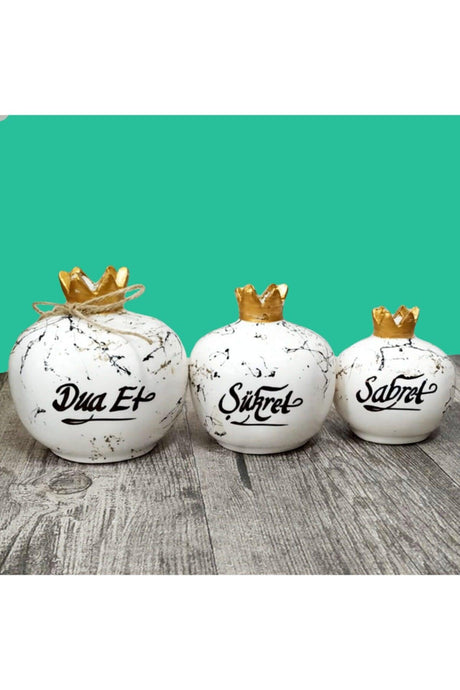 3 Pcs Tile Pomegranate Set- Patience Şükret Duat White Color Gold Printed Marble Decor - Swordslife