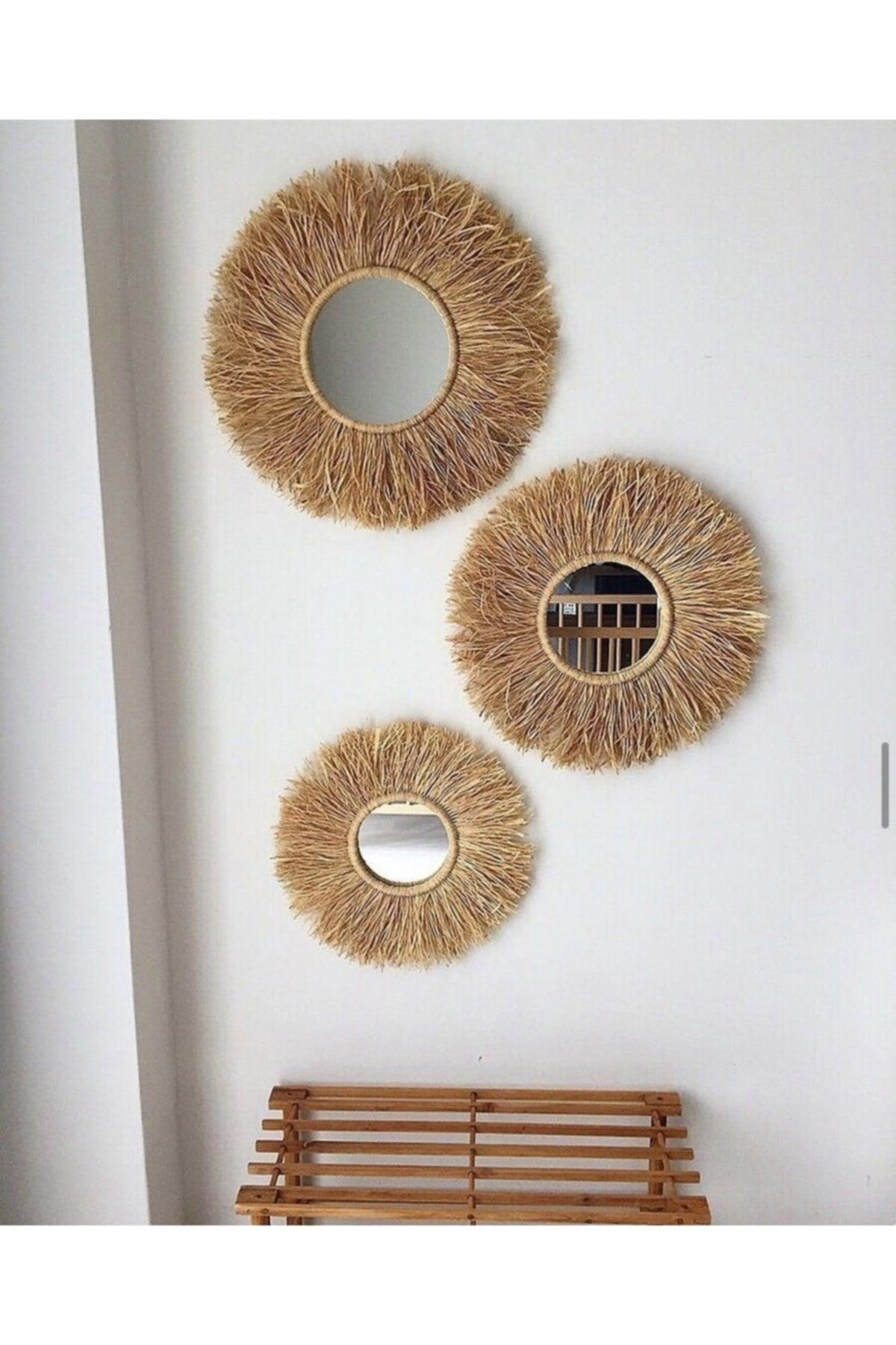 3 Piece Raffia Mirrored Wall Ornament/handmade - Swordslife