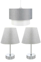 Set of 3 Chandelier And Bedside Table Metal Lampshade Gray - Swordslife