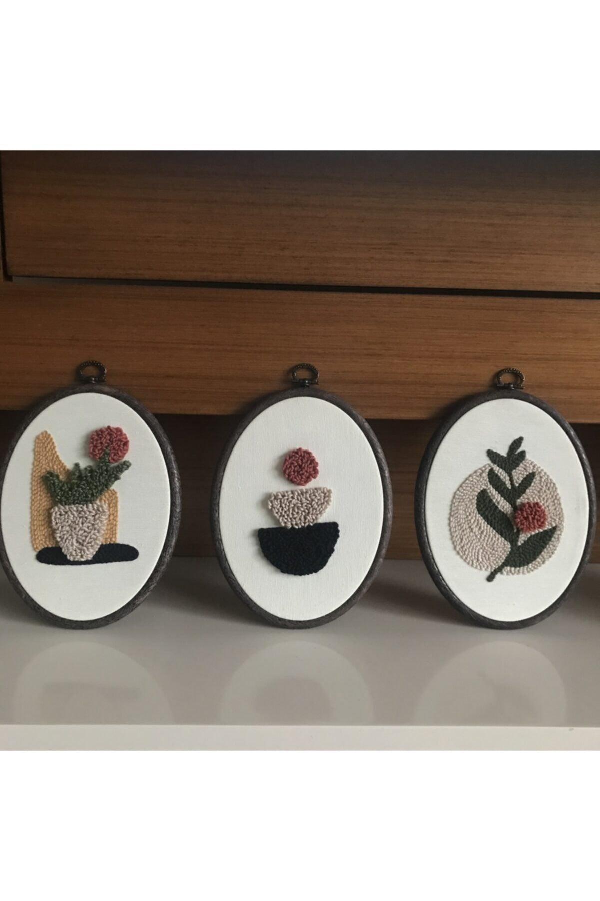 Set of 3 Punch Embroidered Frame Framed Wall Ornament Flower 18*23 Cm - Swordslife