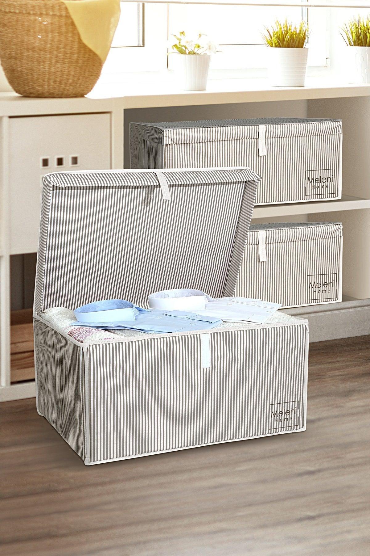 3 Pieces Multi-Purpose Storage Box with Lid Organizer Mega 60 X 40 X 30 Cm Gray - Swordslife