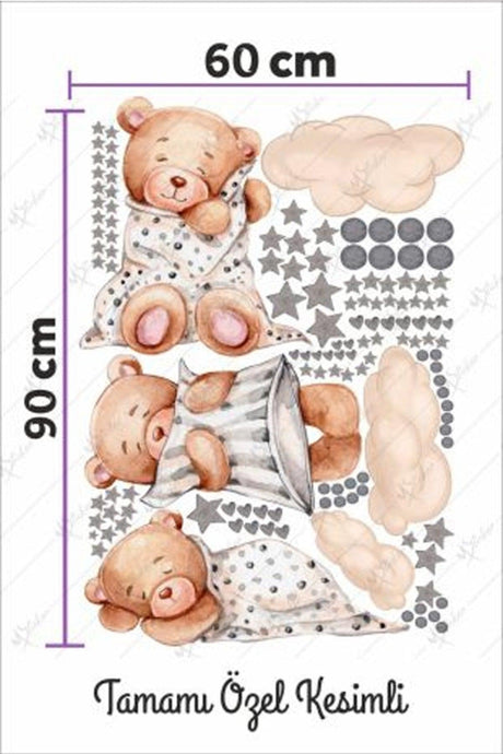 3 Schlafende Bär Wolken und Sterne Kinder Baby Zimmer Aufkleber Set - Swordslife