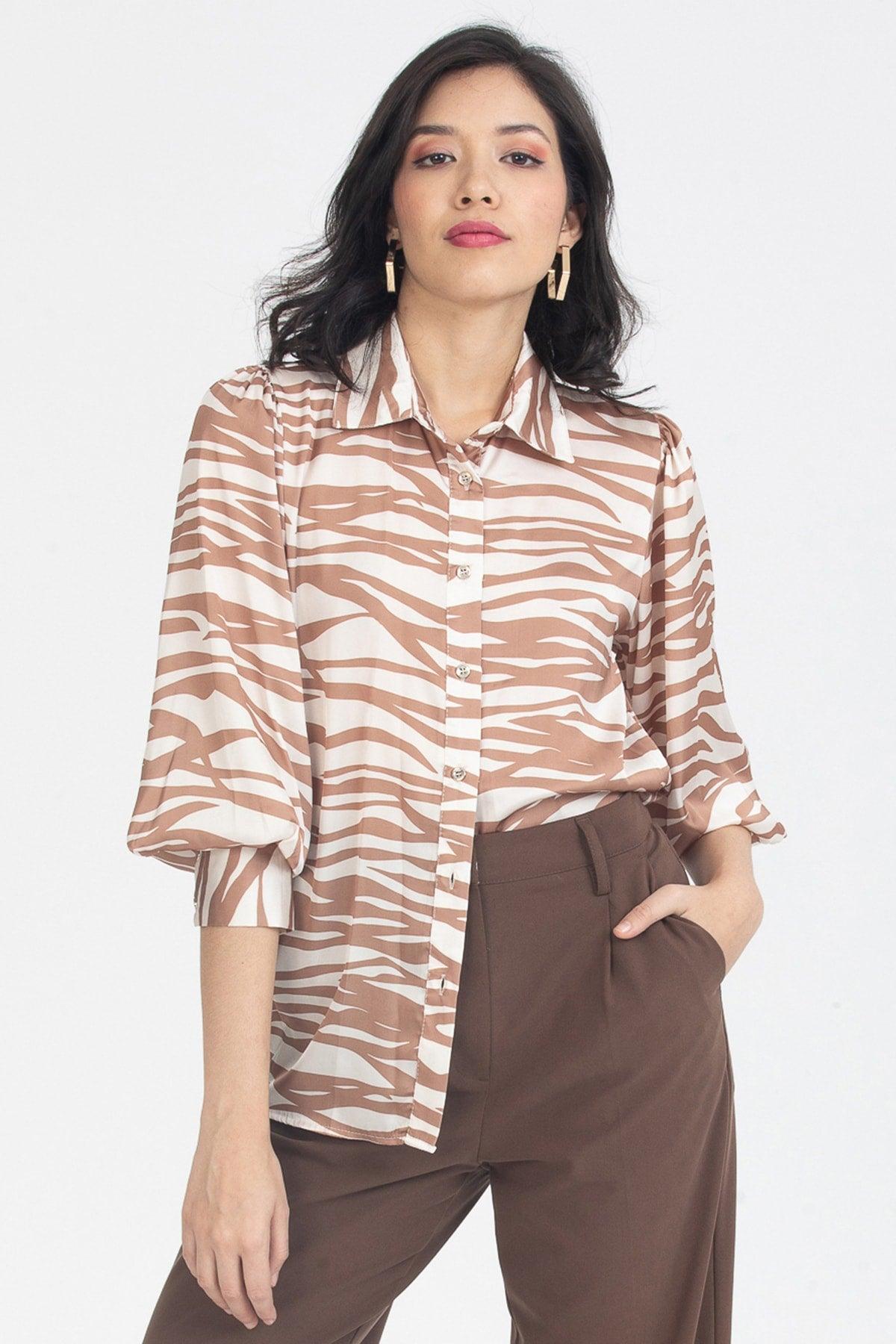 Women's Mink Balloon Sleeve Button Detailed Shoulder Pleated Zebra Patterned Satin Shirt - Swordslife