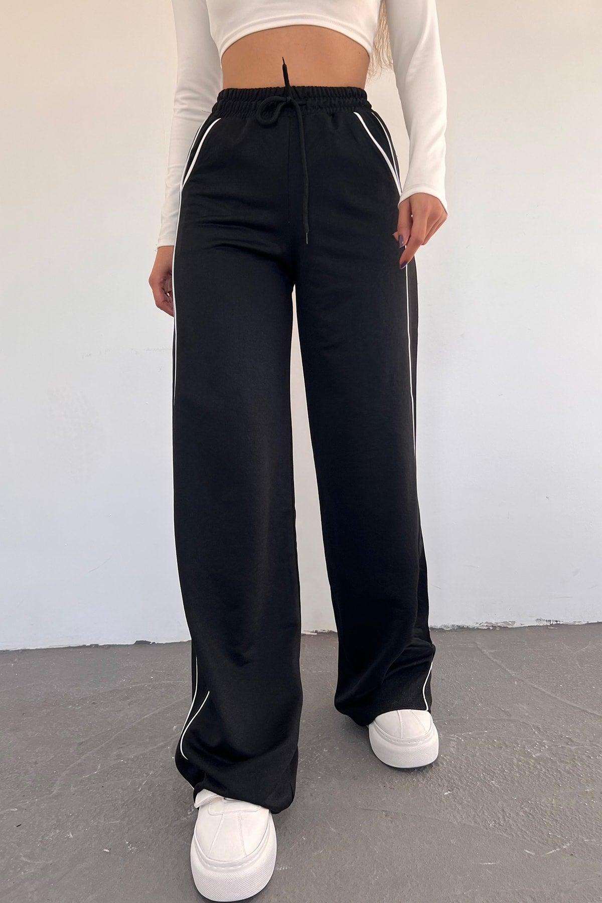 Women's Black Wide Leg Two-Thread Elastic Waist Sweatpants - Swordslife