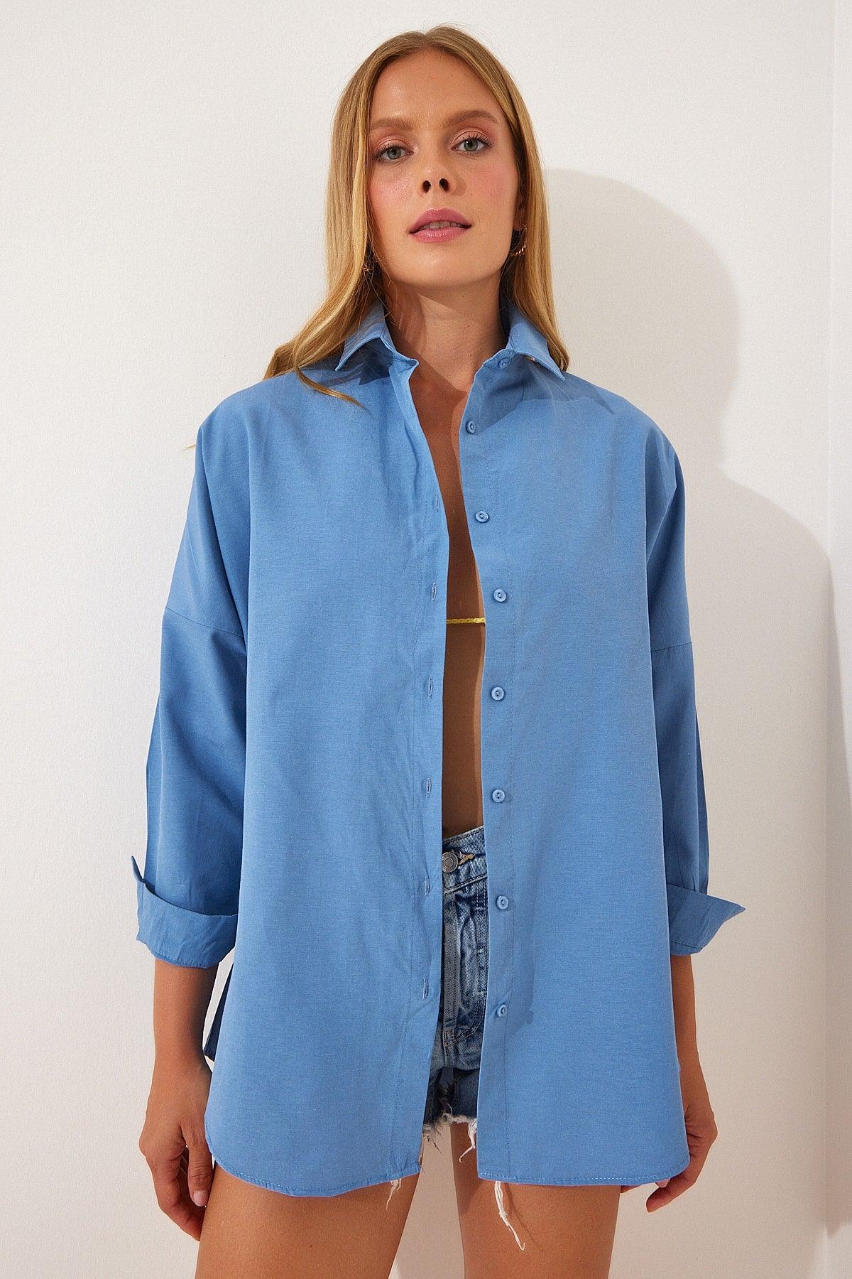 Women's Indigo Blue Oversize Long Basic Shirt DD00842 - Swordslife