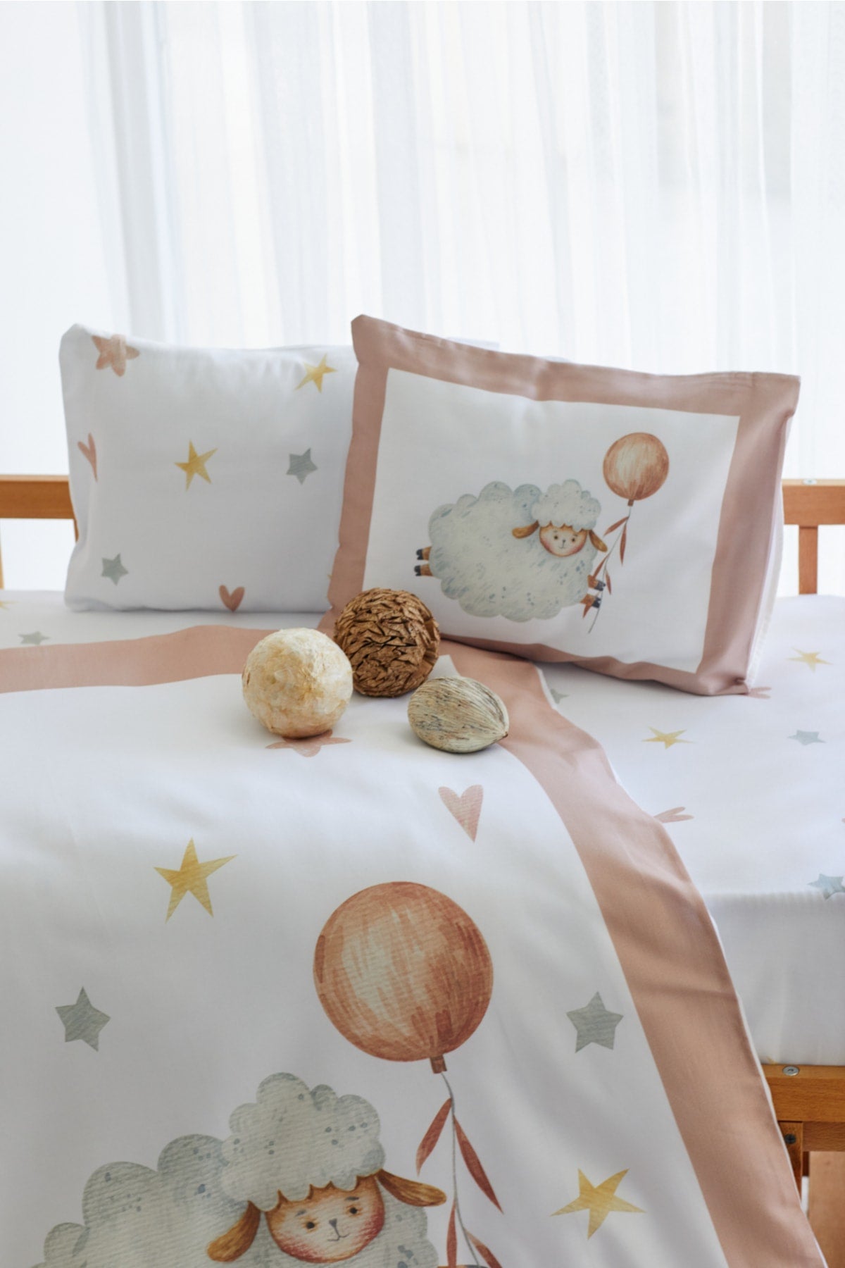 Organic Full Set Printed Cotton Satin Baby Duvet Cover Set - Pink Lamb Themed