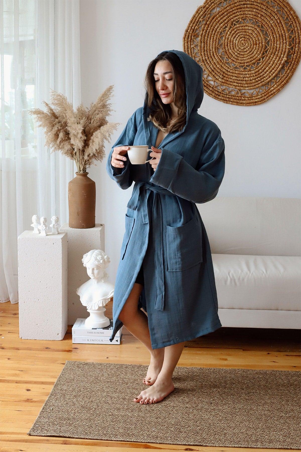 Adult Plain Muslin Bathrobe, Special Design 100% Cotton 2 Layer Hooded Indigo Blue - Swordslife