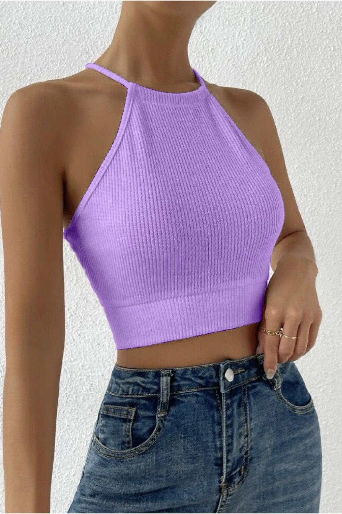 Women's Lilac Camisole Backless Belted Crop Top Blouse - Swordslife