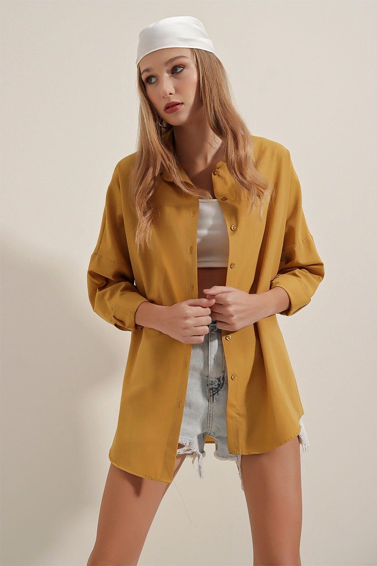 3900 Oversize Long Basic Shirt - Mustard - Swordslife