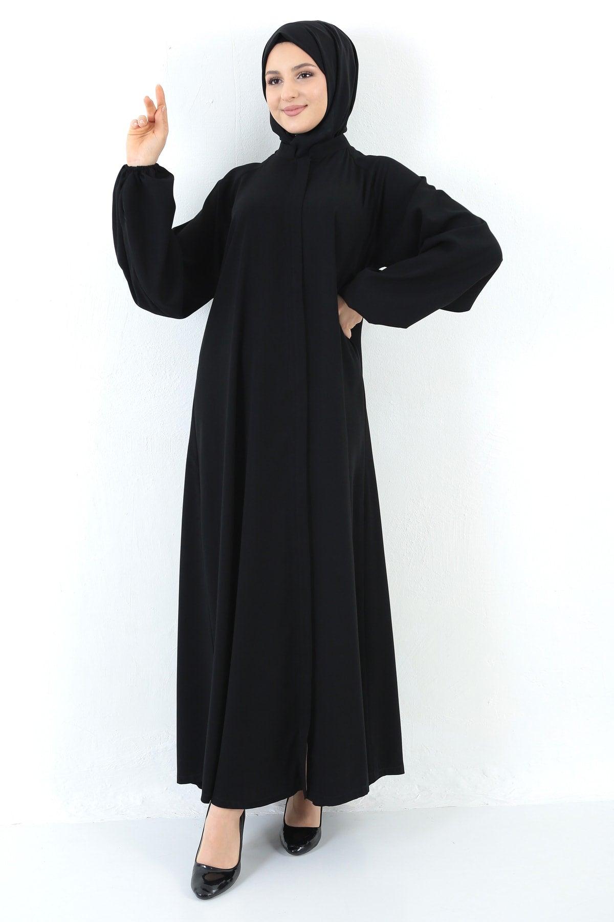 Women's Black Zippered Zippered Belted Pocket Abaya Hijab - Swordslife