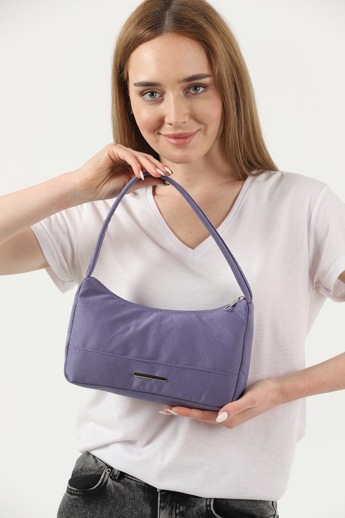 Lilac U26 Single Zipper Section Canvas Fabric Women's Daily Baguette Hand And Shoulder Bag U:13 E:25 G:6