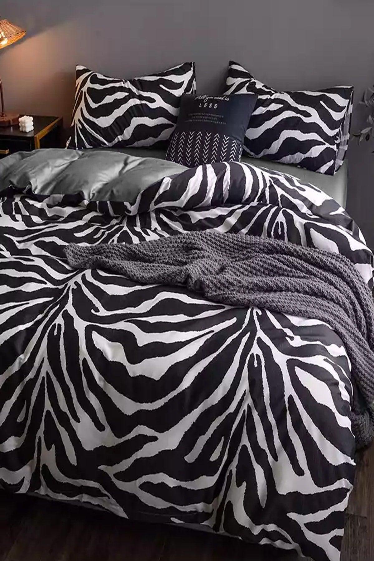 Elastic Linen Duvet Cover Set Zebra Double Black - Swordslife