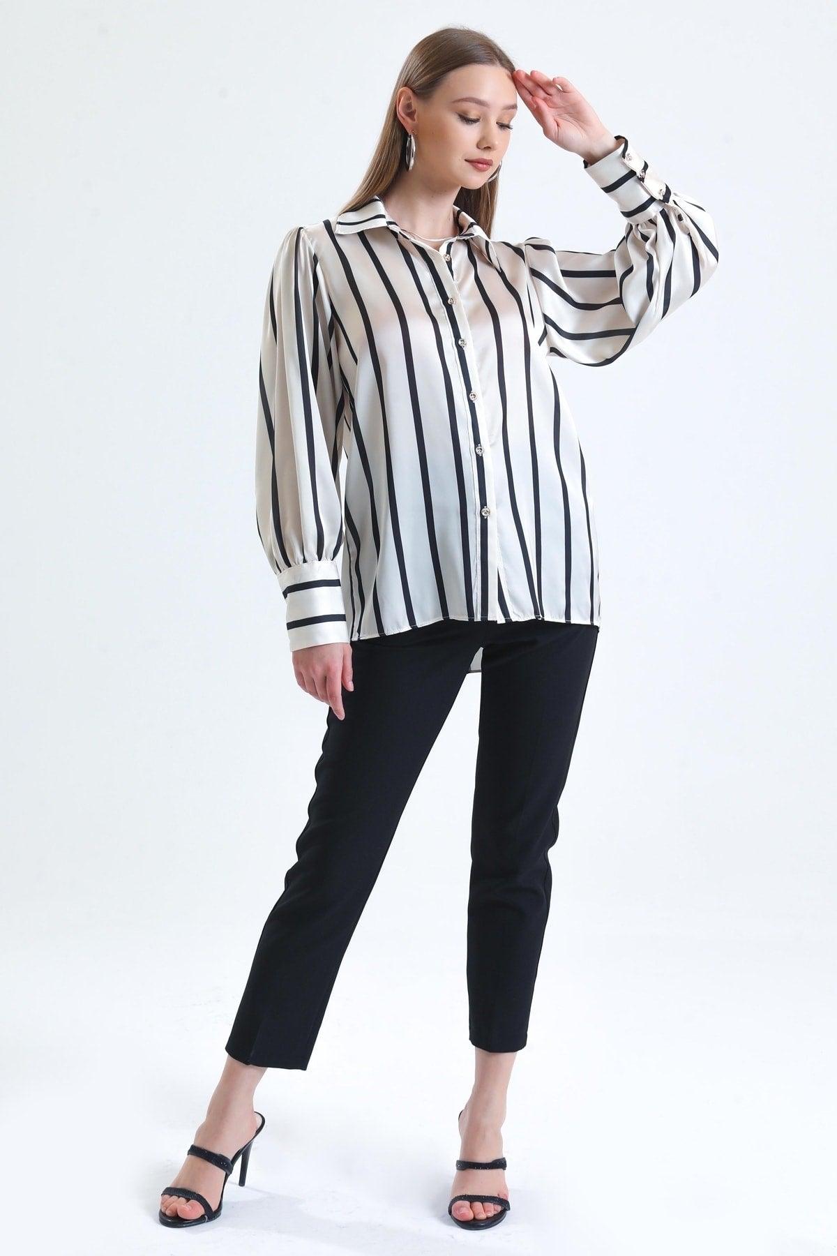 Women's Black Balloon Sleeve Ruffle Detailed Oversize Striped Satin Shirt - Swordslife