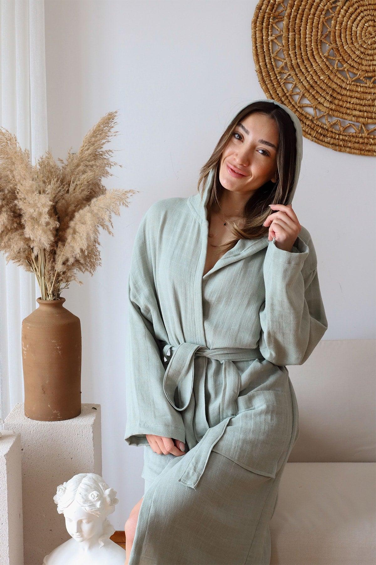 Adult Plain Muslin Bathrobe, Special Design 100% Cotton 2 Layer Hooded Sage Green - Swordslife