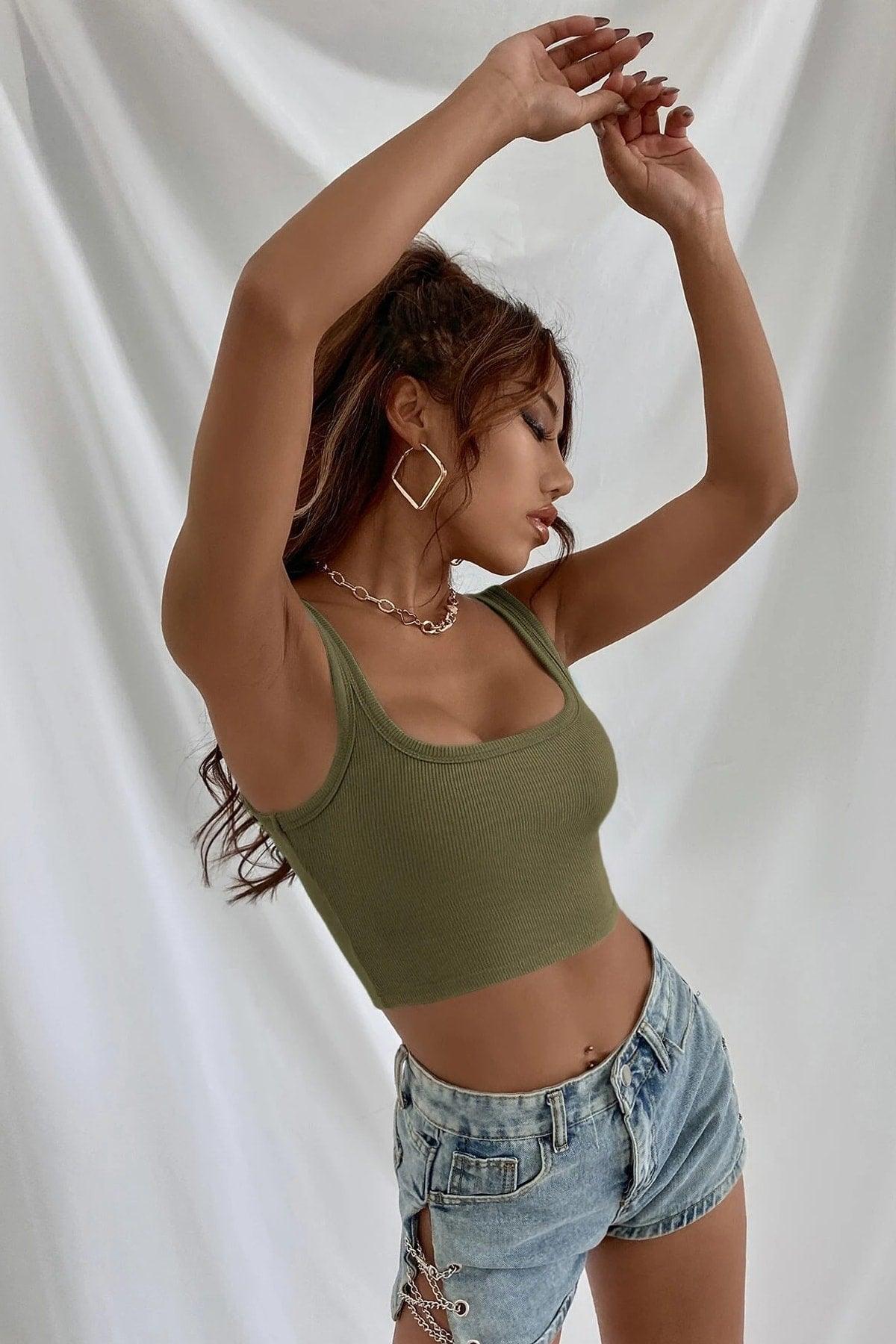 Women's Khaki Green Strap Crop Top Blouse - Swordslife