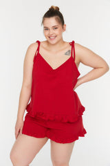 Red Strap Knitted Ruffle Detailed Pajamas Set TBBSS22PT0564 - Swordslife