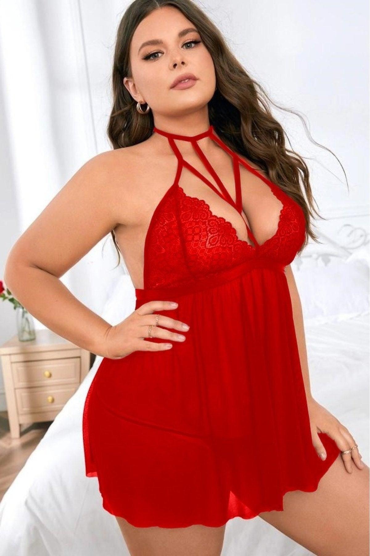 Women's Red Plus Size Tie Back Stylish Nightgown - Swordslife