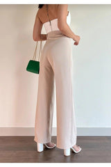 Women's Beige Front Stitching Detail High Waist Palazzo Trousers - Swordslife