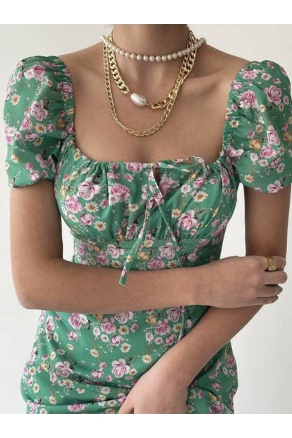 Green Floral Midi Length Slit Dress - Swordslife