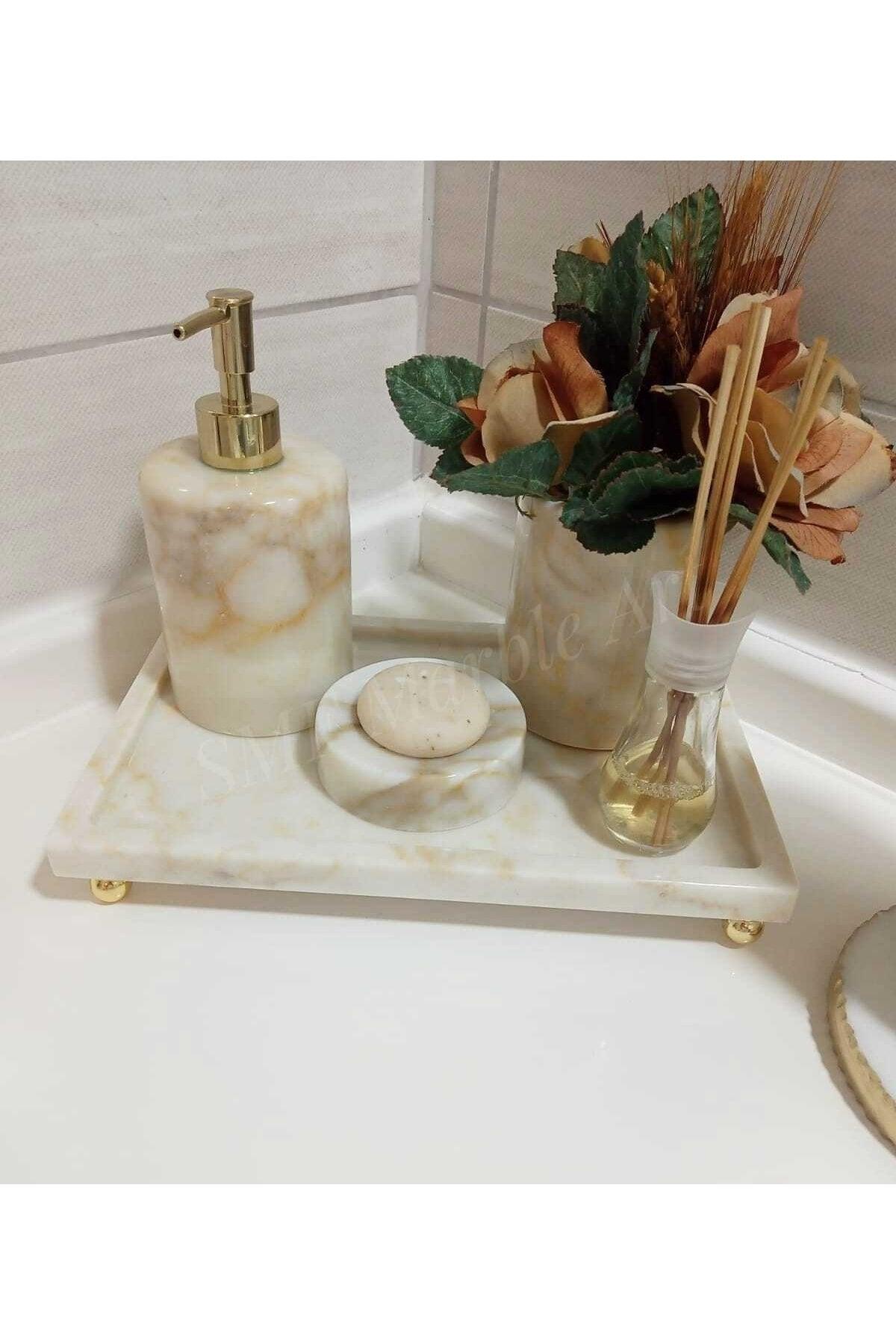 Light Sugar - Natural Marble Bathroom Set | With One Piece Tray | Gold Top Stand | Gold Towel Holder | 6s - Swordslife