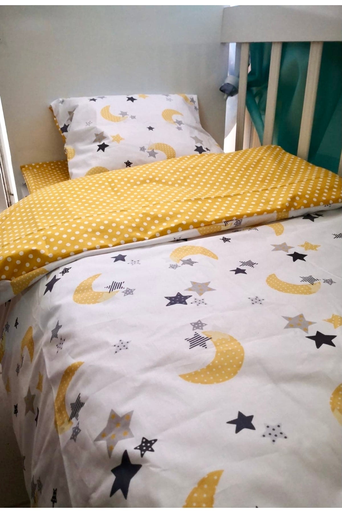 Baby Kids Duvet Cover Set 70x110 For Park Crib Yellow Moon Star Yellow Polka Dot