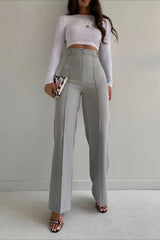 Women's Gray Front Stitched High Waist Palazzo Trousers - Swordslife