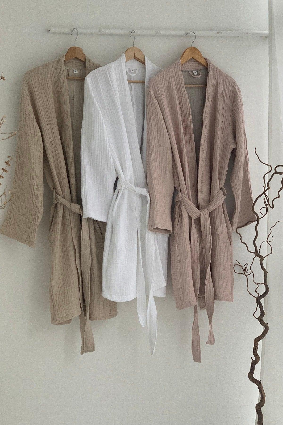 Women's 4 Layers Muslin Bathrobe/Mini Dress, Cotton Kimono, Powder - Swordslife