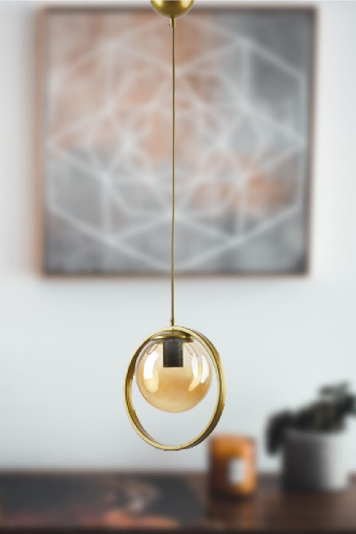 Nina Modern Metal Gold Color Ring Closed Honey Glass Pendant Lamp Living Room - Kitchen - Bedroom Single Chandelier