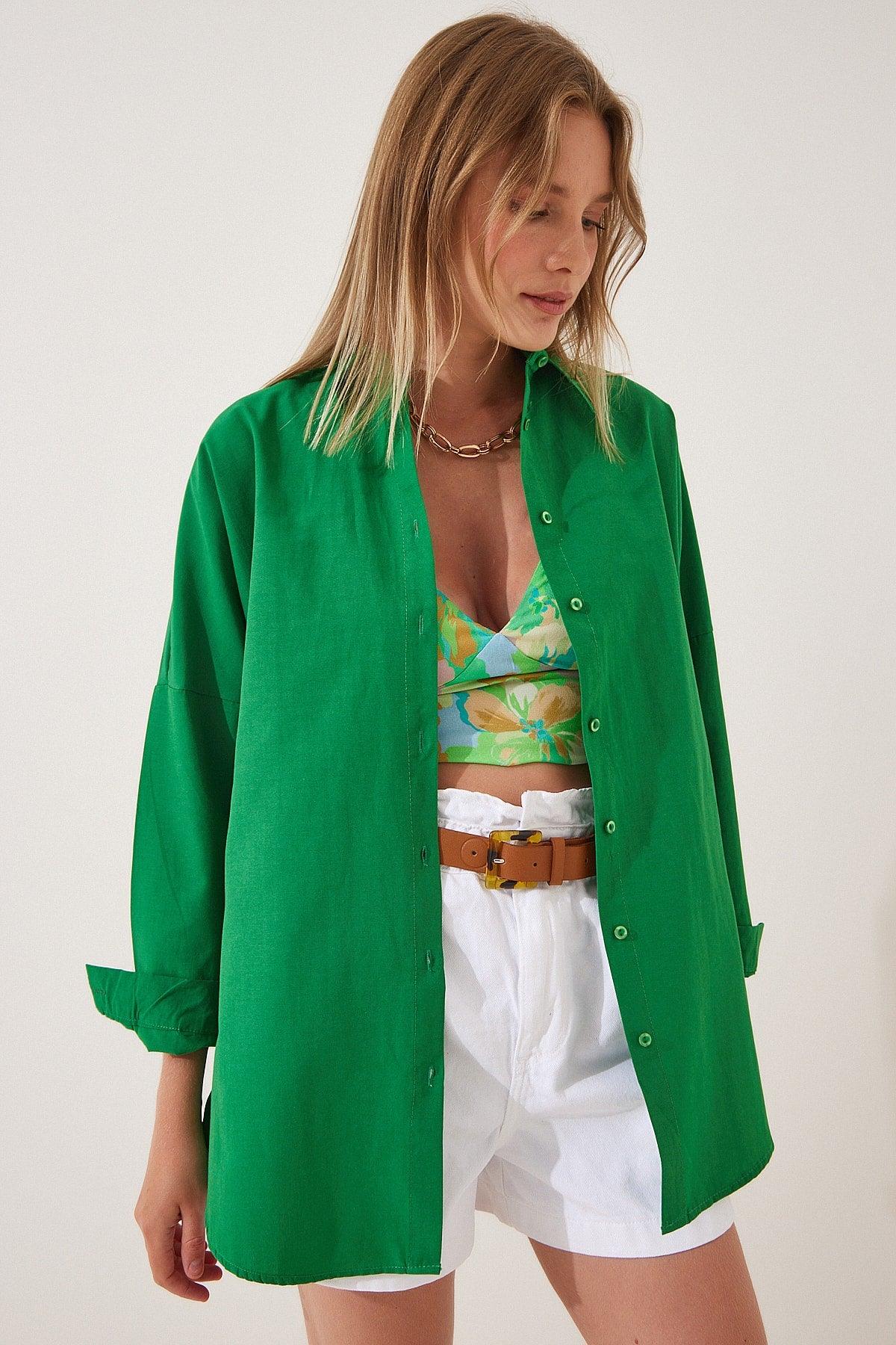 Women's Vivid Green Oversize Long Basic Shirt DD00842 - Swordslife