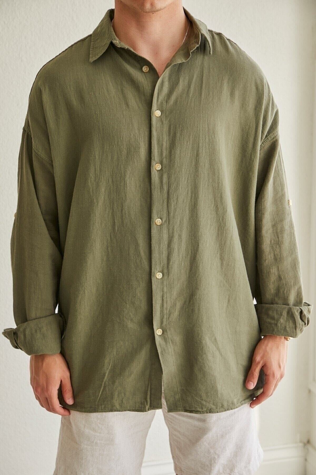 Textured Oversize Shirt Khaki 70171009 Shirt