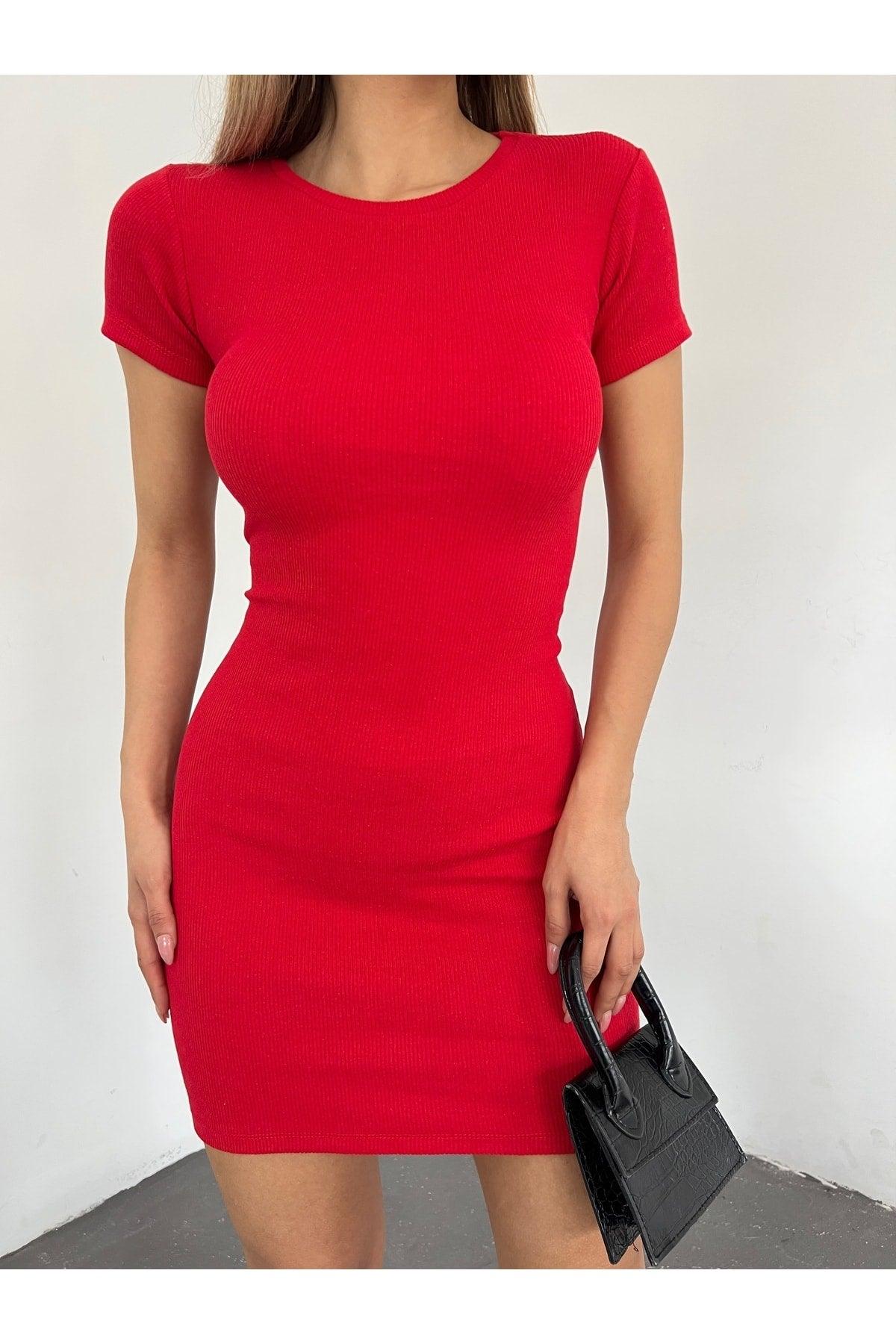 Women Camisole Crew Neck Short Sleeve Ribbed Mini Dress Red - Swordslife