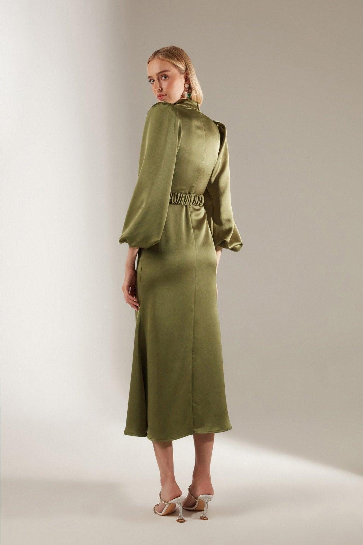 Judge Collar Khaki Balloon Sleeve Dress - Swordslife