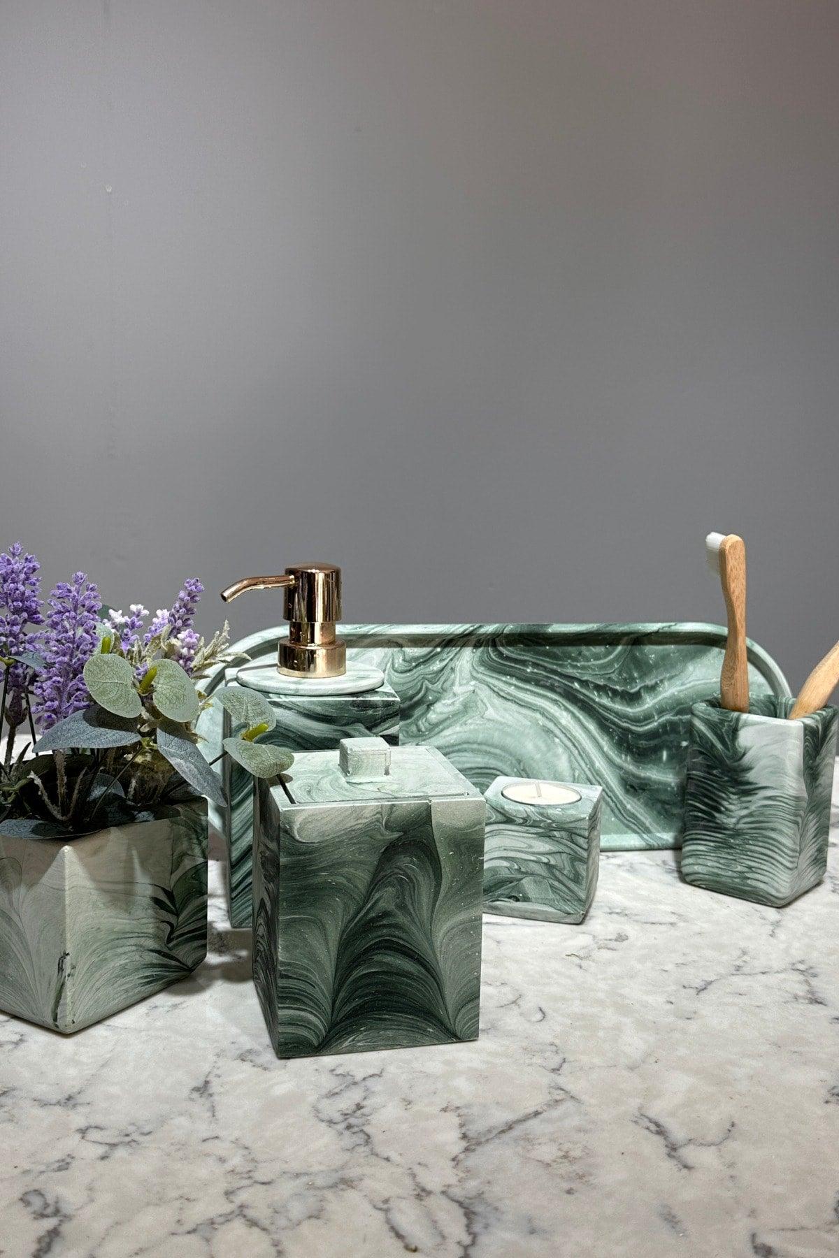 Marble Series Green Marble Look Artificial Flower Bathroom Set - Swordslife