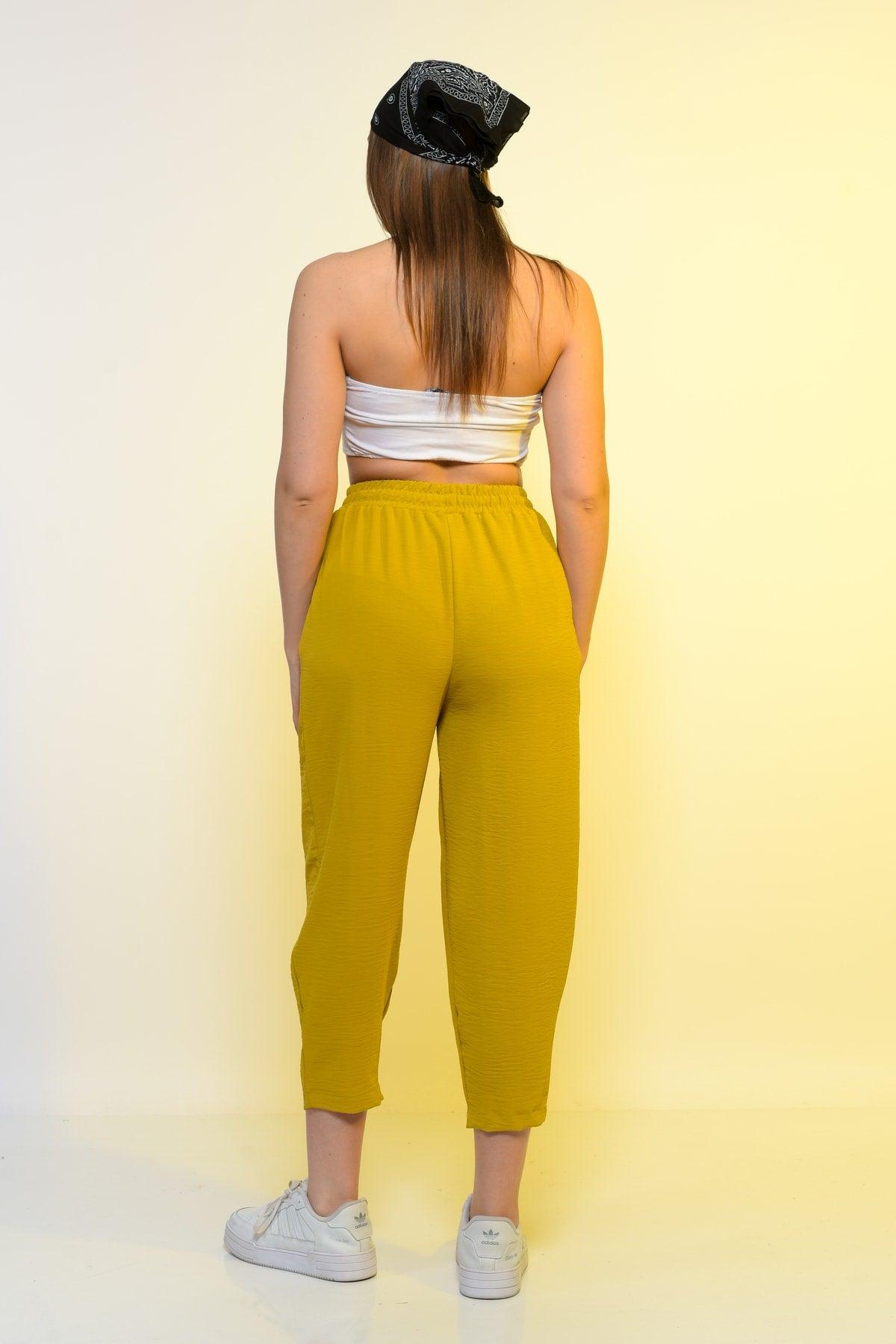 New Season Summer Elastic Waist Slim Pants High Waist Women Mustard Color Casual Trousers - Swordslife