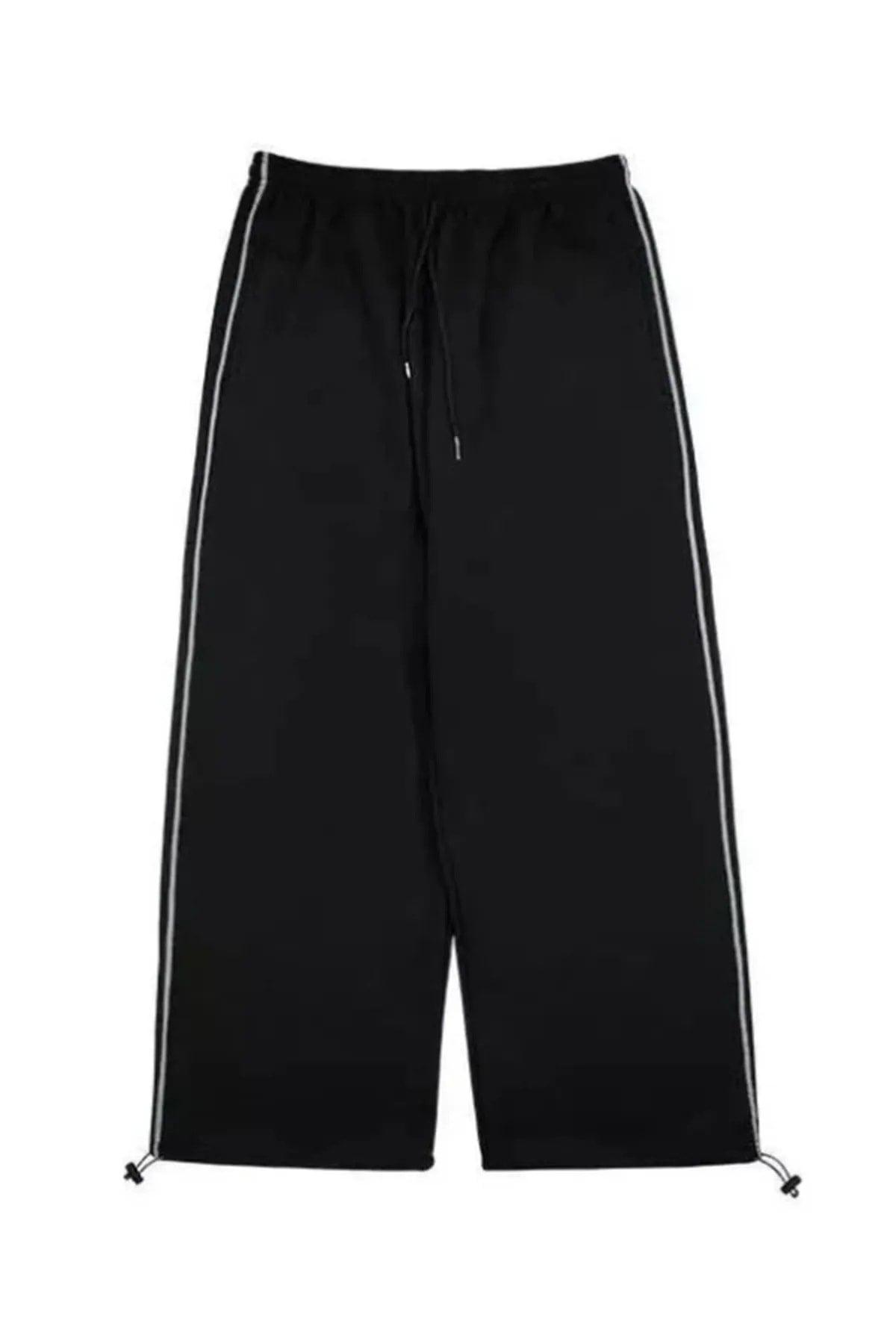 Black Wide Leg Zip Detail Black Tracksuit Adjustable Leg Sweatpants - Swordslife