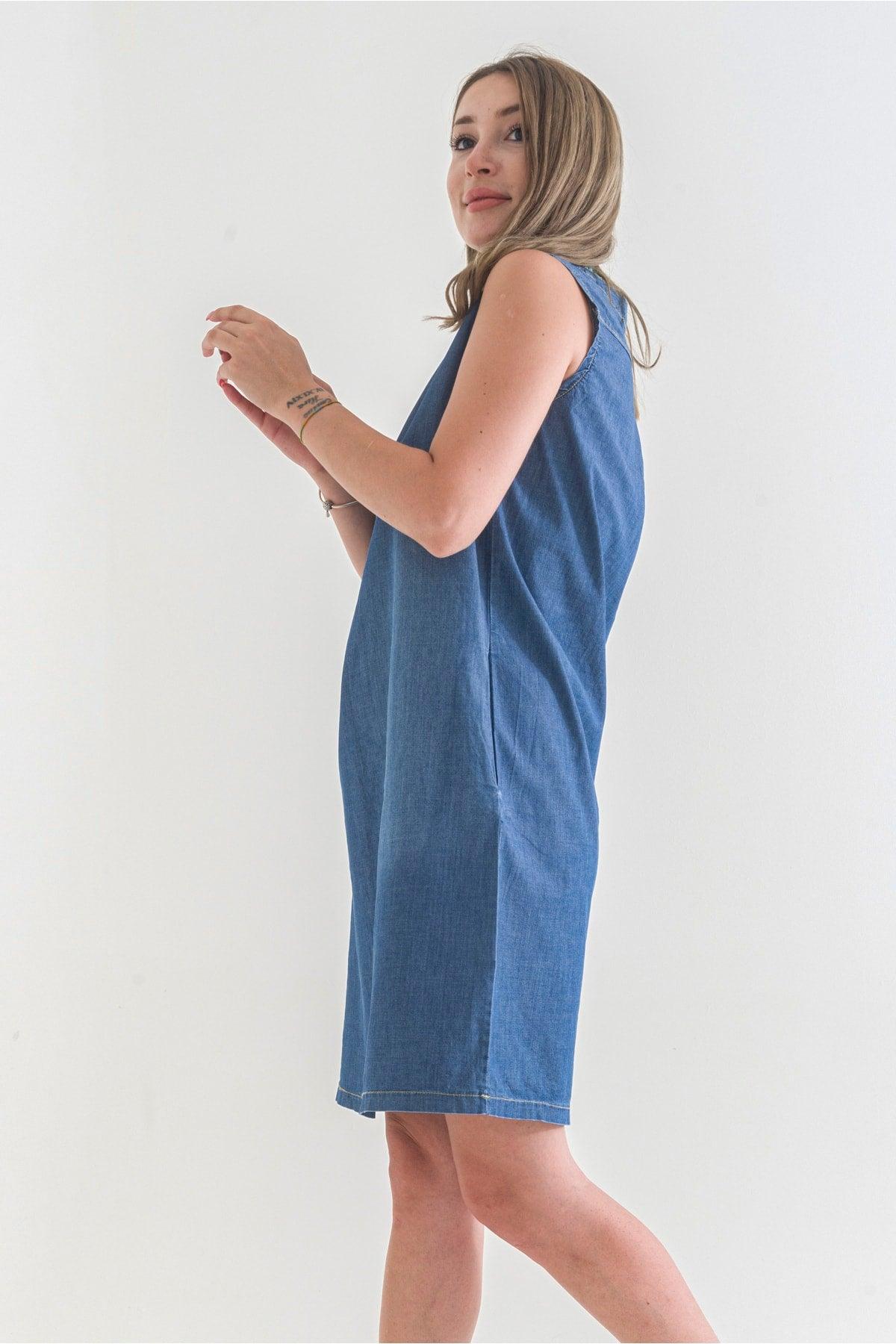 Women's Pocket Washed Cotton Blue Denim Dress - Swordslife