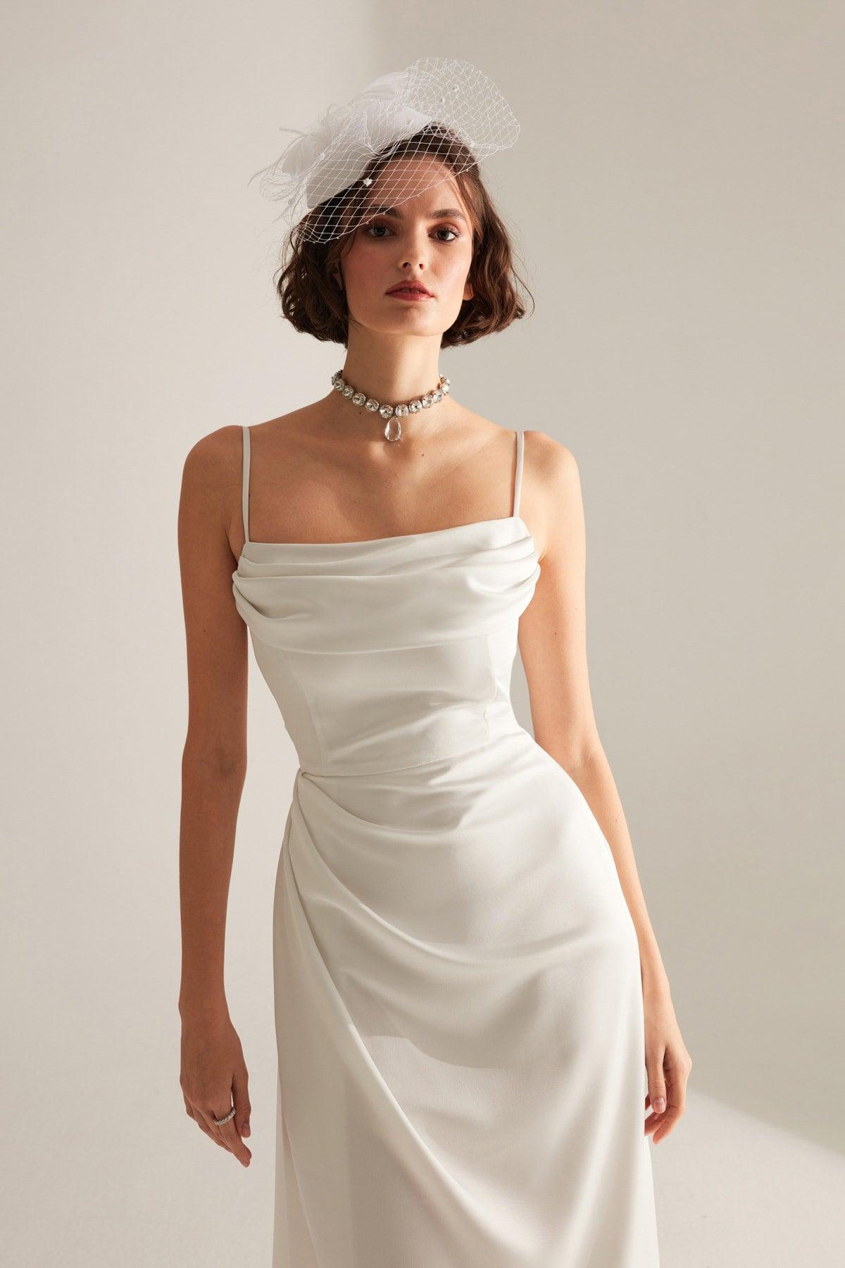 Violet White Satin Draped Strap Dress - Swordslife