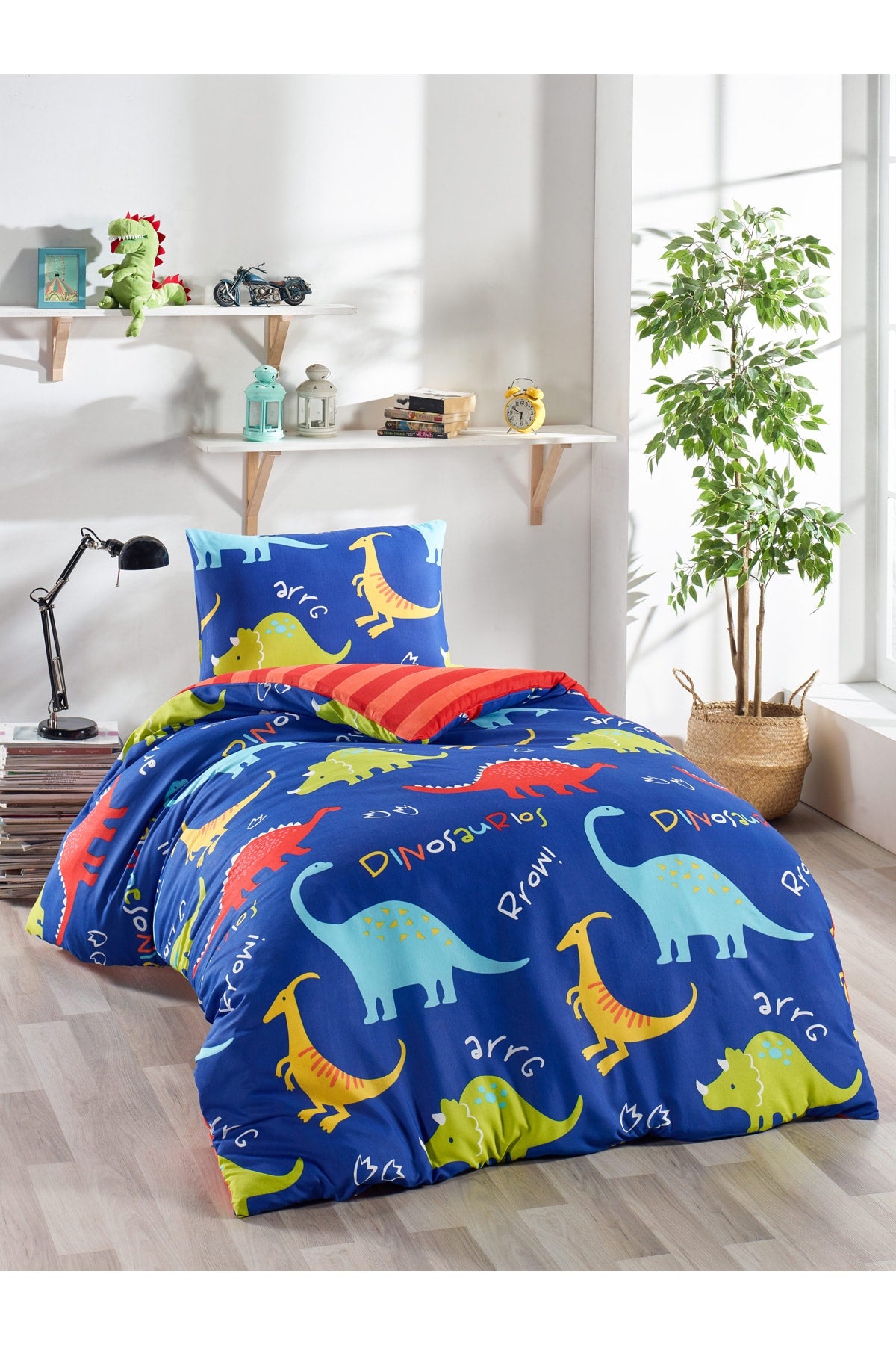 Junior Duvet Cover Set Single Dinosaur Blue