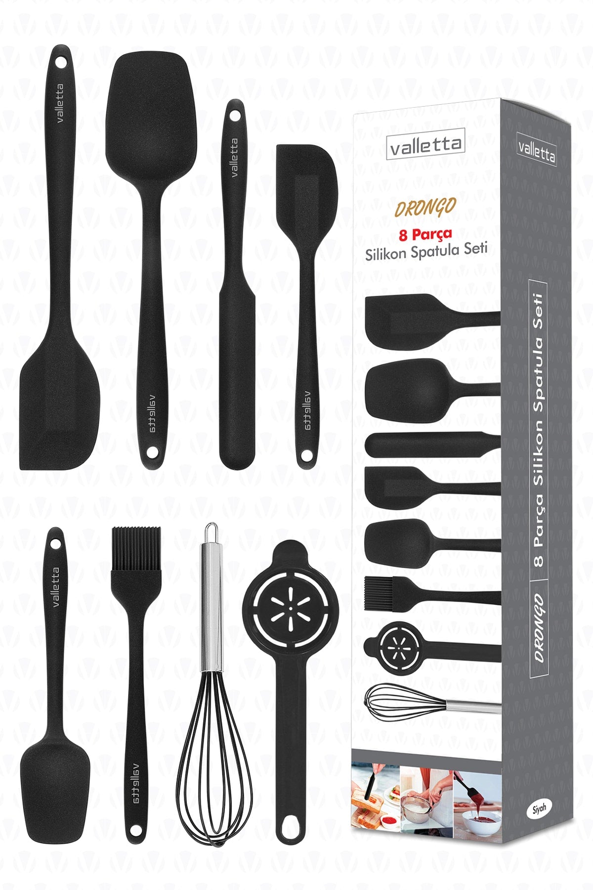 Drongo Heat Resistant Fireproof Nonstick Silicone Spatula Set 8 Pieces Black