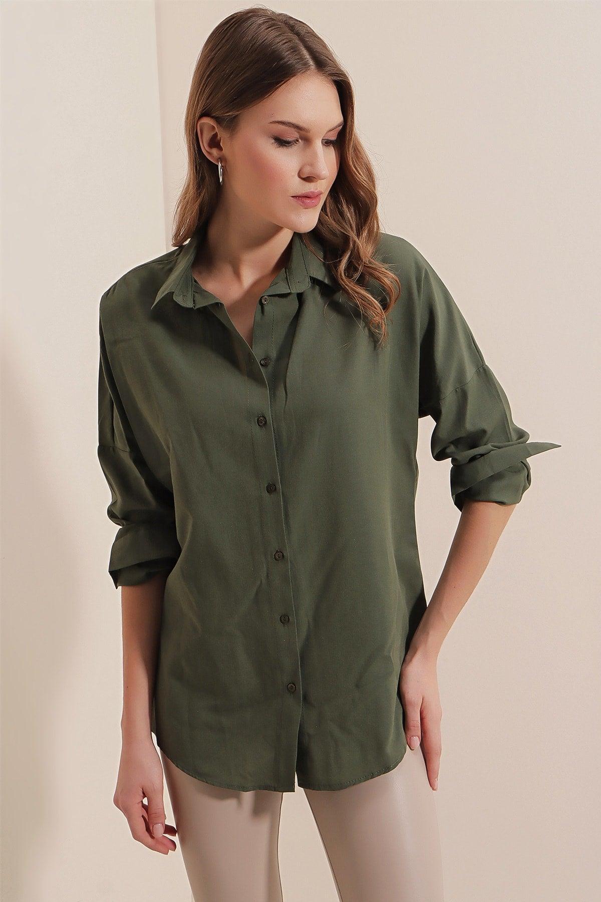 3900 Oversize Long Basic Shirt - Dark Khaki - Swordslife