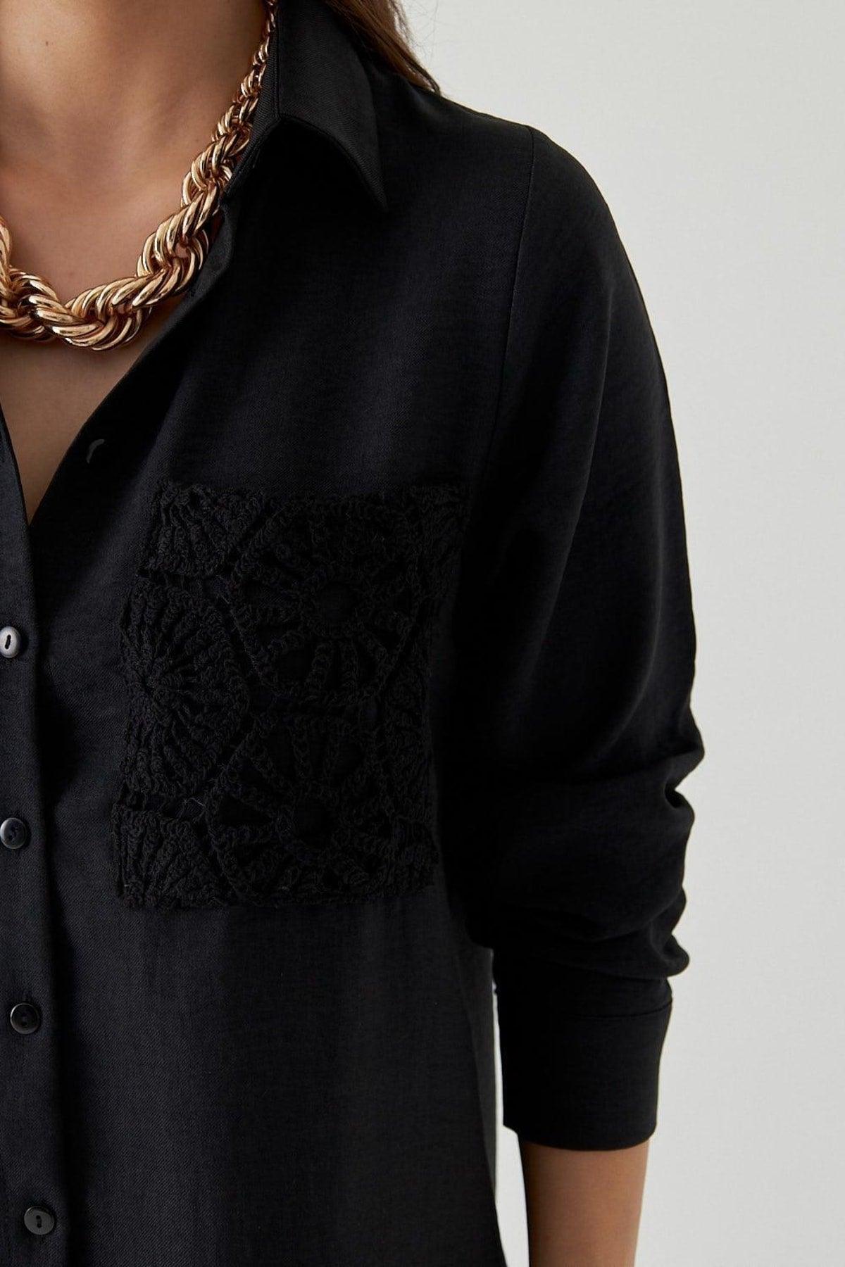 Crochet Detailed Long Sleeve Black Women's Shirt - Swordslife