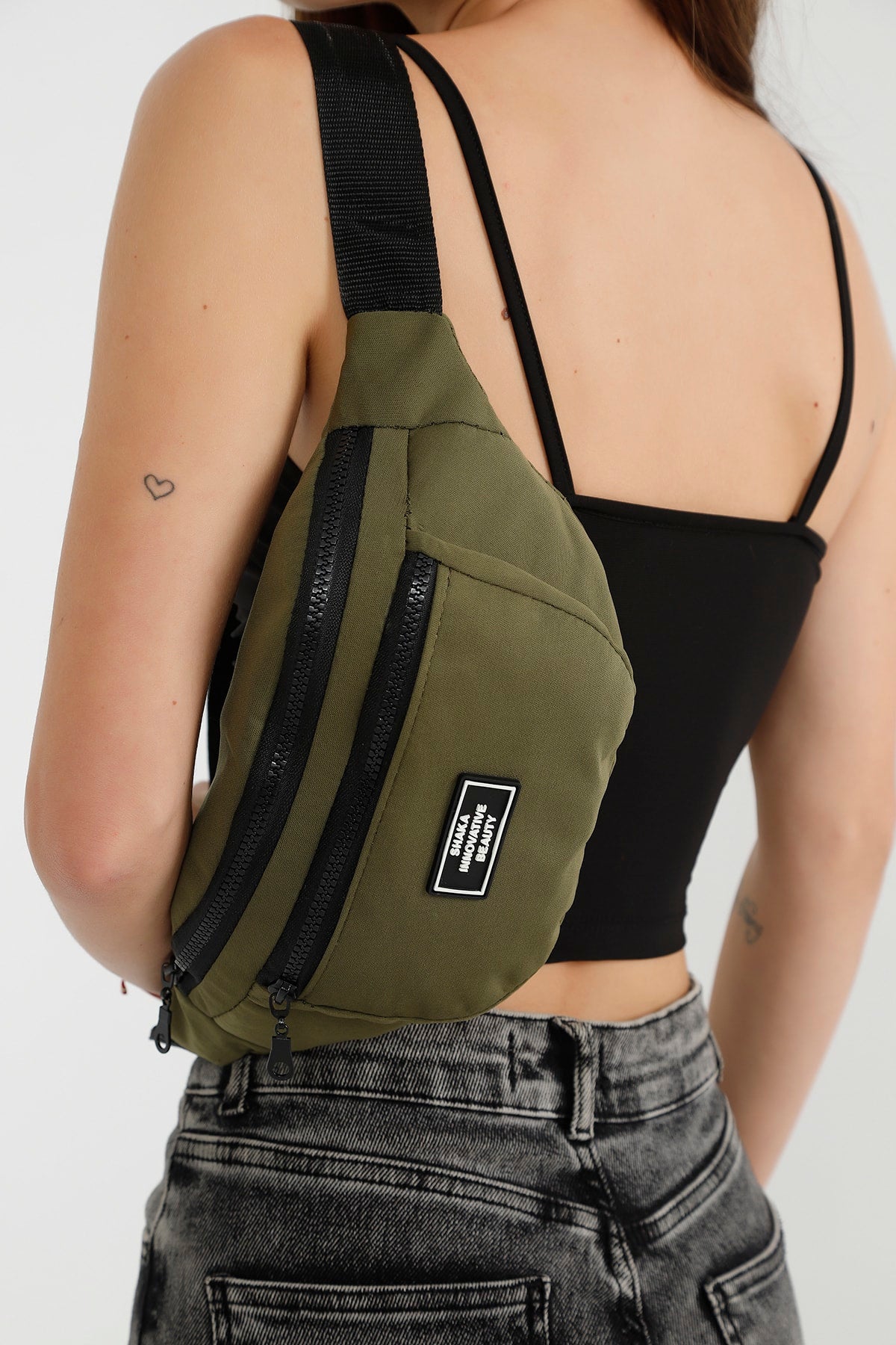 Khaki Green U8 2-Compartment Adjustable Cross Strap Canvas Unisex Waist And Shoulder Bag E:38 B:17 G:7