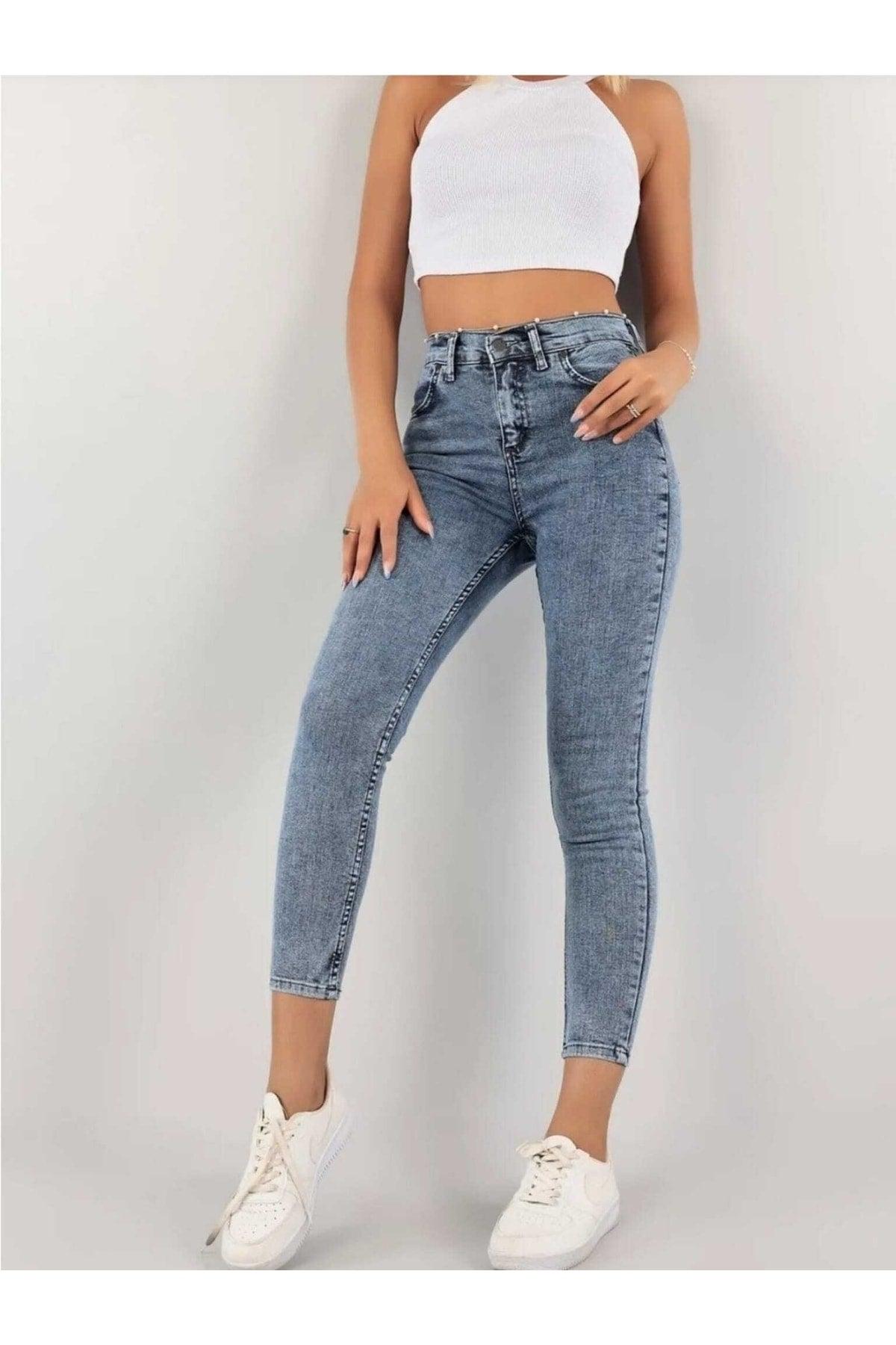 High Waist Snow Wash Light Blue Skinny Jeans Trousers - Swordslife