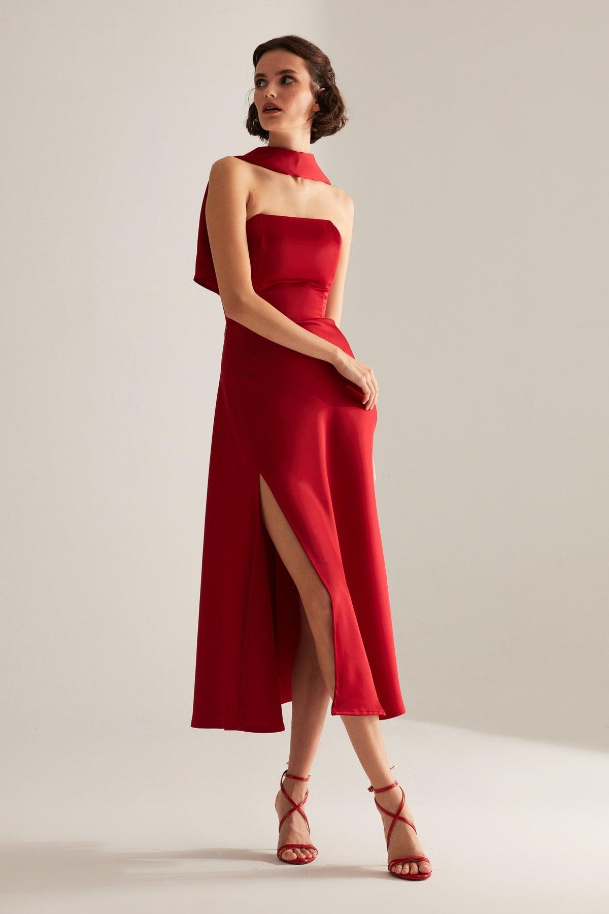 Brera Red Satin Slit Wrap Strapless Dress - Swordslife