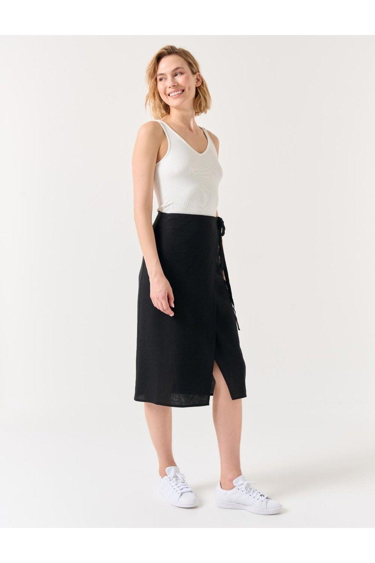 Black Regular Waist Slit Midi Linen Skirt - Swordslife