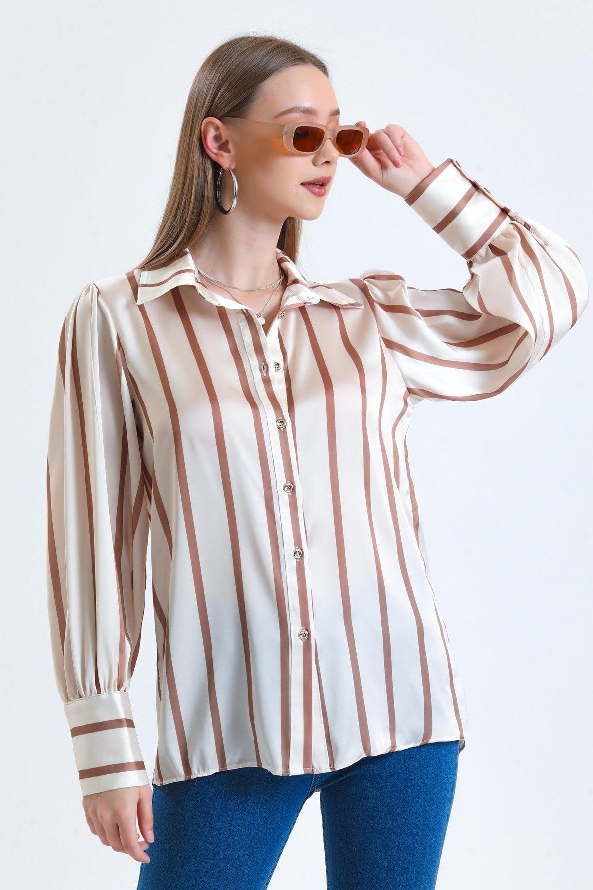 Women's Milky Brown Balloon Sleeves Ruffle Detailed Oversize Striped Satin Shirt - Swordslife