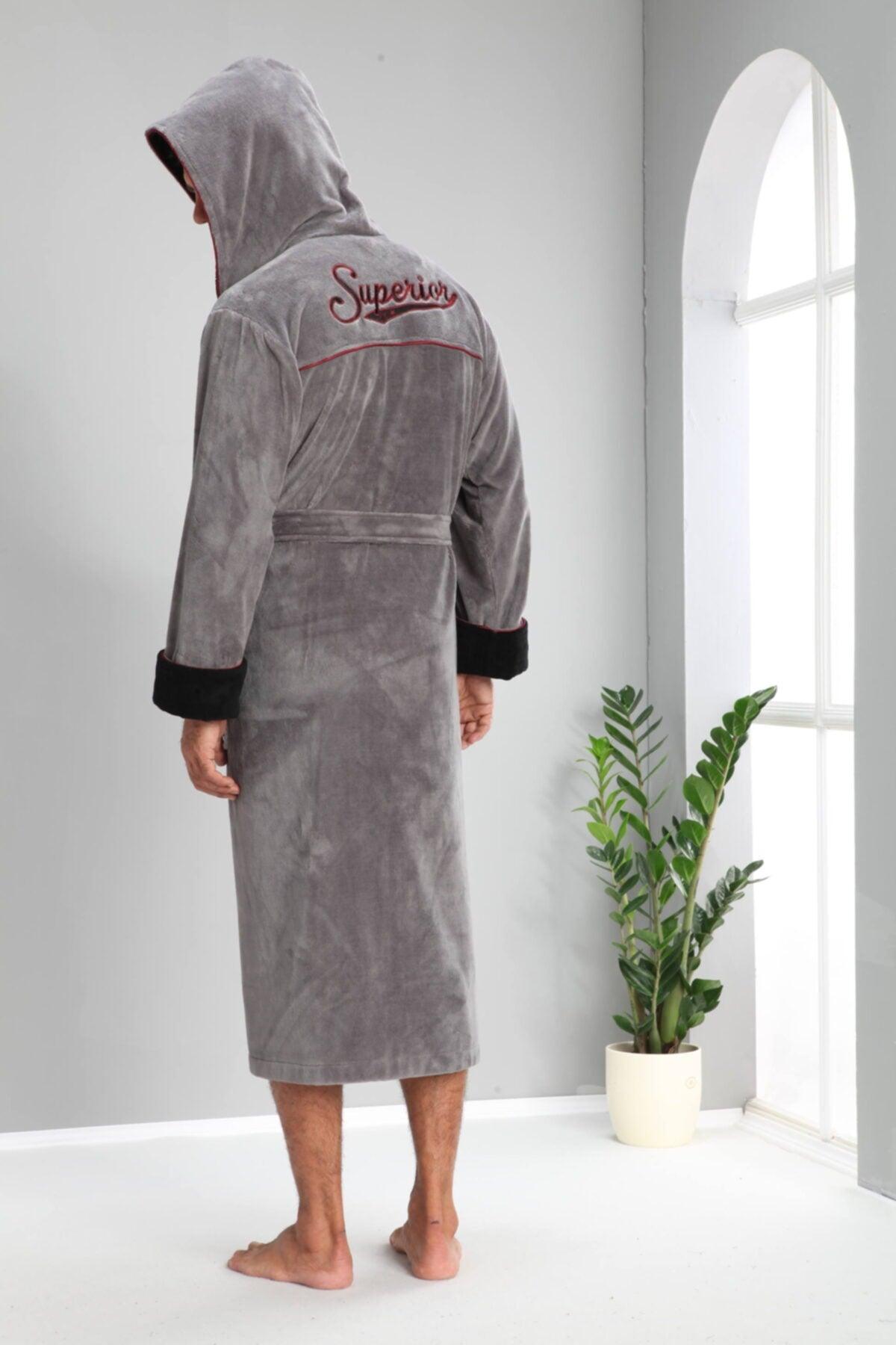 Men's Gray Hooded Bathrobe - Swordslife