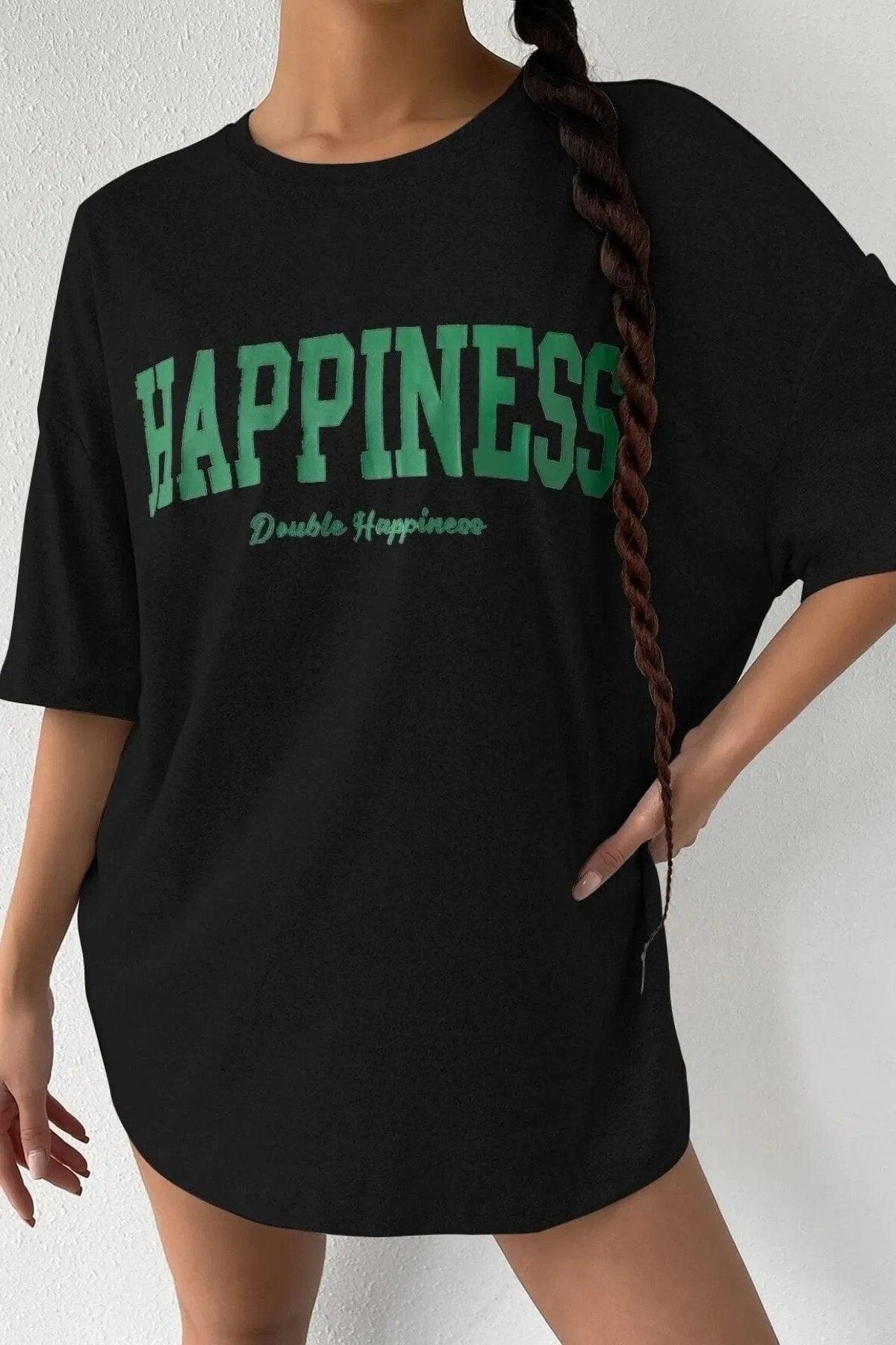 Women's Oversize Hapiness Printed Black T-shirt - Swordslife